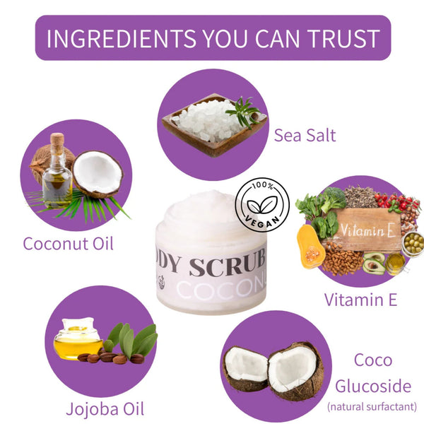 Natural Vegan Body Scrub (Rose or Coconut) Hydrating & Exfoliating for Radiant Skin