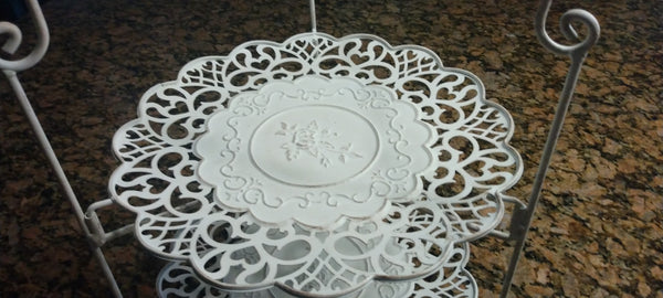 White Metal Cluny Lace Tiered Stand in 2 sizes, 2 Tier and 3 tier some assembly required