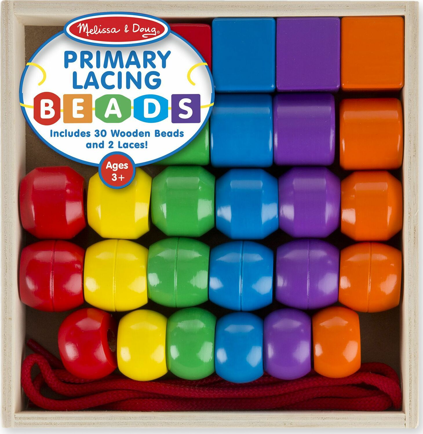 Melissa and Doug Primary Lacing Beads Ages 3+ 30 Wooden Beads 2 Laces 000772005449