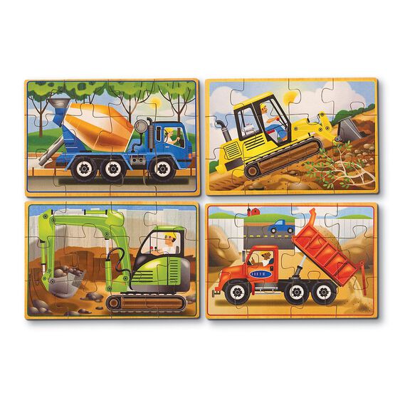 Melissa and Doug Wooden Jigsaw Puzzles 4 Assorted Puzzles in a Box Construction Vehicles Ages 3+